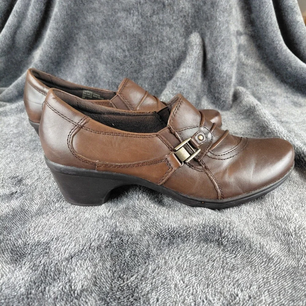 Earth Origins Roxanne‎ Womens Brown Leather Slip On Loafer Heel Shoes Size 9M